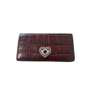 Brighton Croc Embossed Leather Wallet Brown Silver Tone Heart Card Organizer
